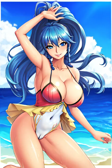 tana_fe_swimsuit, blue eyes, large breasts, cleavage, one-piece swimsuit, covered navel, partially submerged, ocean, blue sky, looking at viewer, seductive smile, naughty face, dancing, cameltoe