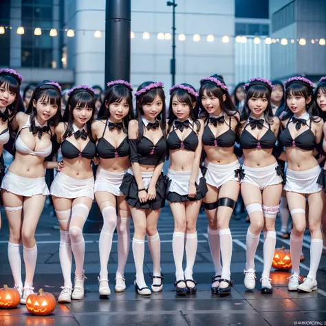 (((SFW, 11 Tiny Girls in a row:1.2, Shibuya Hachiko-mae scramble crossing on Halloween:1.2))), (masterpiece:1.2, best quality, photorealistic:1.37), {(Standing Full Body:1.2)|(from below:1.2)}, short silver hair, {School Uniform|naked bandage|tutu}, (Detai...