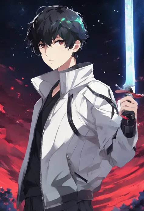 Anime Boy,(Mans), Serious look, short black hair, (mechanical right arm), White jacket, (Best Quality, 4K, High resolution: 1.4), Black sword with red details and green aura, Stars on bright night sky background