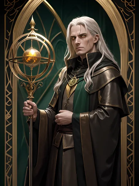 Raistlin Majere(Golden Leather, haggard, Painful appearance,, golden eyes with hourglass-shaped pupils, Piercing gaze) In the official mantle of the Slytherin faculty(green and silver colors), against the backdrop of Hogwarts, full body photographed