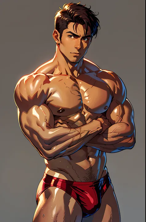 masterpiece, best quality, ultra detailed, mature man, hunk, muscle, very short hair, body steam, shiny body, (mens red speedo, shiny:1.3, shirtless), cowboy shot, dark skin, crossed arms, simple background