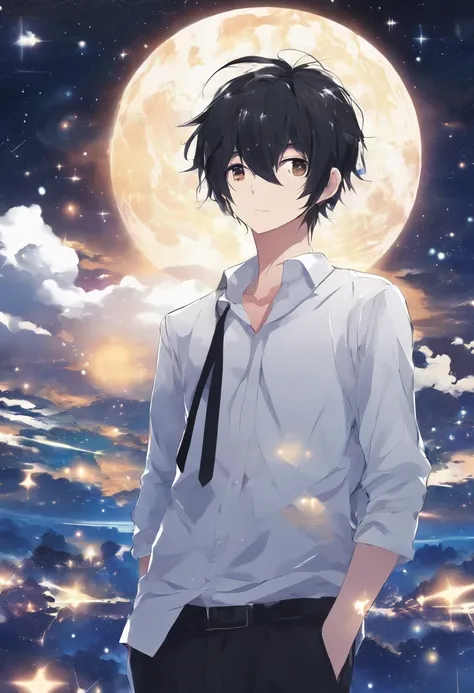 Anime Boy,(Mans), Expressionless short black hair, White shirt, (Best Quality, 4K, High resolution: 1.4), Stars on bright night sky background