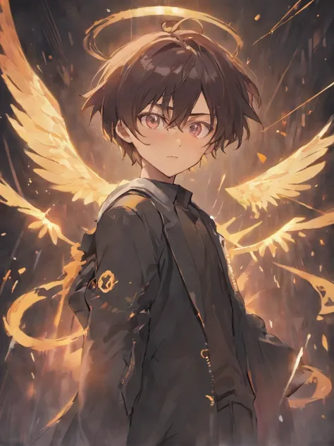 1boy, dark short hair, different color eyes, one demonic eye and one angelic eye, halo, one side horn, a task pointy tooth, 7 color spirits fly around the character, wears simple white shirt and simple black pants, wears a dark overcoat, holding a bo staff...