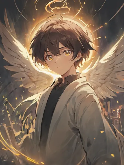 1boy, dark short hair, different color eyes, one demonic eye and one angelic eye, halo, one side horn, a task pointy tooth, 7 color spirits fly around the character, wears simple white shirt and simple black pants, wears a dark overcoat, holding a bo staff...