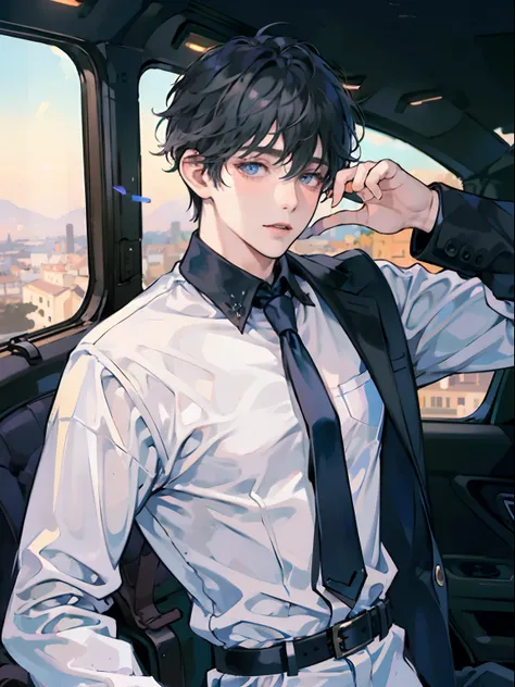 1boy,10 talents、(Mans :2) ,Handsome boy,A dark-haired、Upper body naked、upperbody shot、starrysky 、Inside the car、Back lighting、the chaos、fantastic landscape、absurderes、hightquality、masutepiece,8K,NSFW,