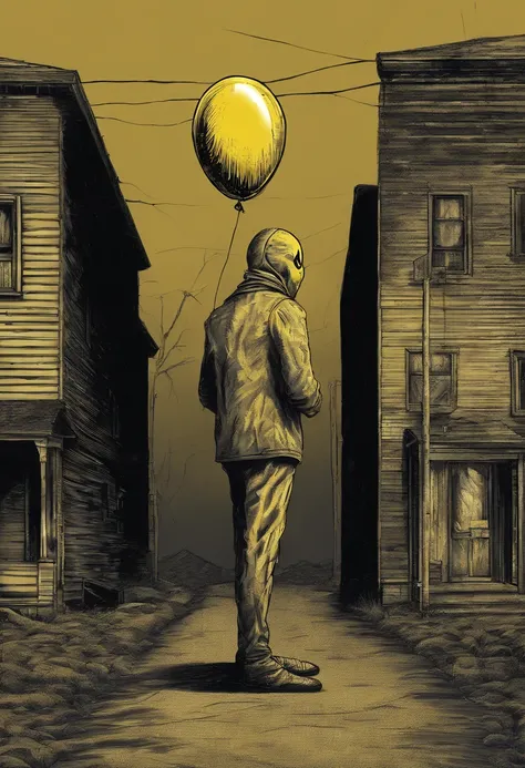 a creepy man standing on the otherside of the road in a yellow mask with a huge smile, holding a yellow balloon, scary, eerie