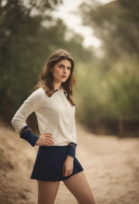 full body portrait of a stunningly beautiful student Alexandra Daddario without make-up, 17 years old, /(perfect and detailed hands, fine fingers, perfect and highly detailed eyes, perfect face, perfect and athletic body,), /(long light brown hair in ponyt...