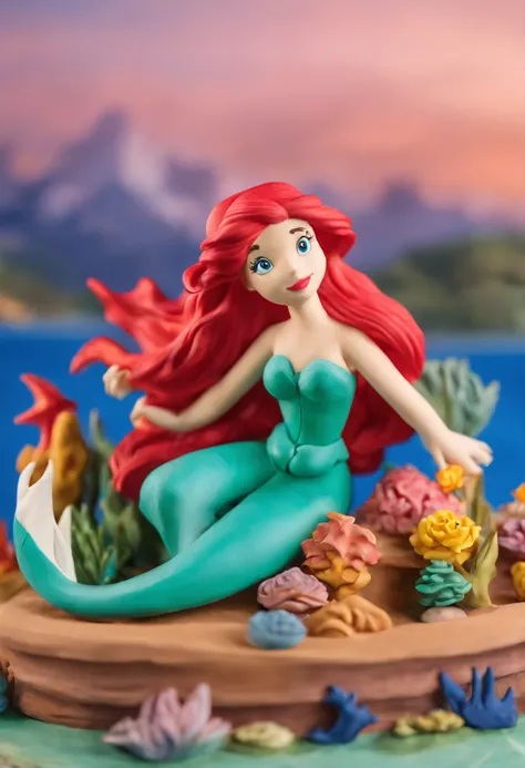 Little Mermaid Ariel and her friends swimming into the ocean Prince on the ship, sunset, mountains