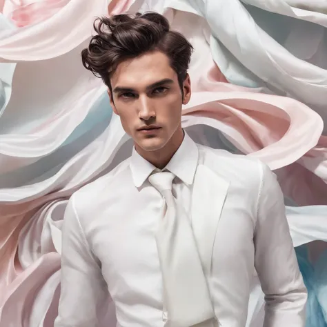 A Photograph capturing a surrealist vision: a man, amidst a swirling color palette, poses outside a tailor shop, his pristine white dress shirt melding with the dreamlike surroundings. --ar 16:9