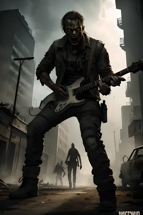 Create a post-apocalyptic style sticker illustration suitable for t-shirt printing. See a zombie in the style of The Walking Dead series playing a rock guitar in front of a Mad Max-style car. Make sure there is no background in the illustration, apenas um ...