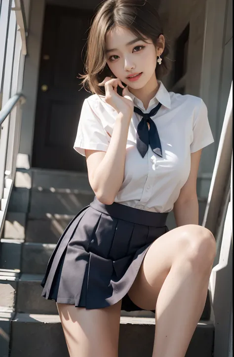 Gray eyes, Korean school uniform, summer school uniform shirt, ribbon tie, skirt, bright blonde, school stairs, going down school stairs, chest thrusting pose, chest bragging pose, 8k raw photo, high resolution, cool Korean at 16 years old, very big round ...