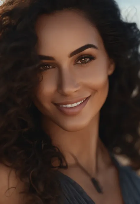 1 adult woman, long hair, curly hair, black hair, smooth skin, brown eyes, smiling, Occasional, sexy clothes, with background on the beach, super realistic 8k, super detailed and realist