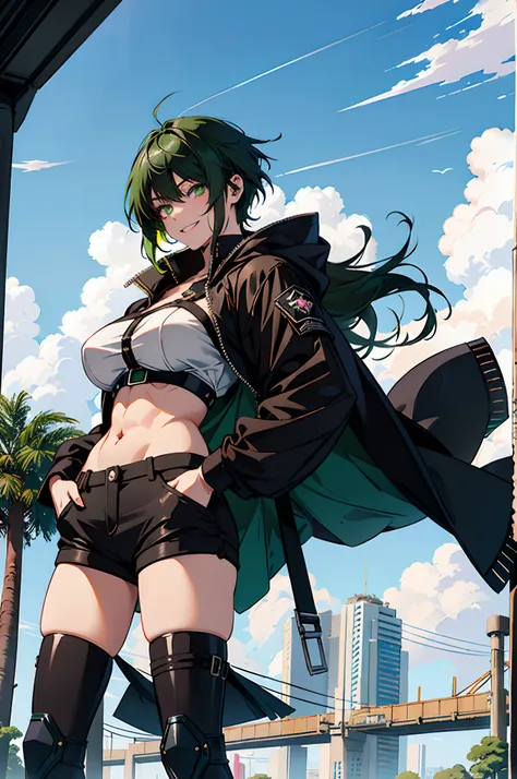 Pure sky，mechanical leg，Black mechanical legs，Plump legs，Green gem setting，Anime girl standing gracefully on the ground，Black cape and green hair, rogue anime girl, Anime girl standing, Wearing a cloak on the blasted plain, asuka suit under clothes!, Cybor...