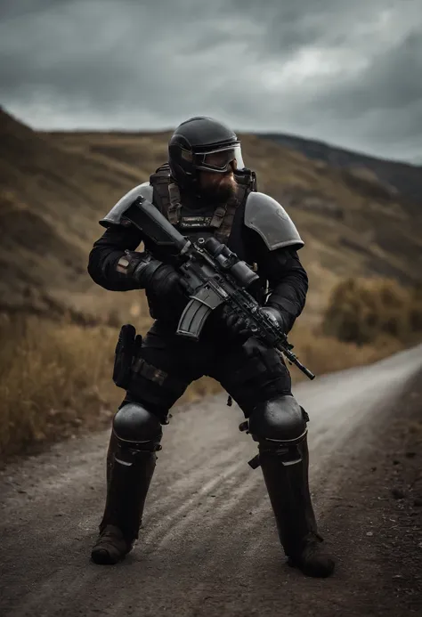 Bear wears combat armor, standing, on the road, stunning style