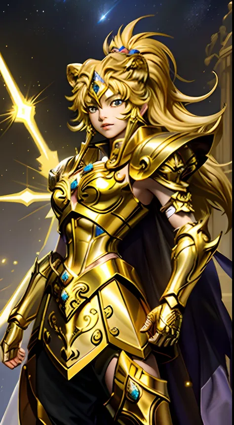 （tmasterpiece）， （best qualtiy）， （1girll）， girl in golden armor，saint seiya's armor， cool pose，magic golden leo astrolabe，people ...