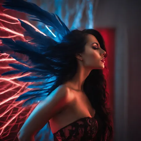 back of a beautiful woman with long black hair in a fashion photoshoot photographed from a low camera angle wearing a dress made from black feathers and lace, facing opposite side, dramatic portrait, dangerous, red traced neon background with blue laser li...