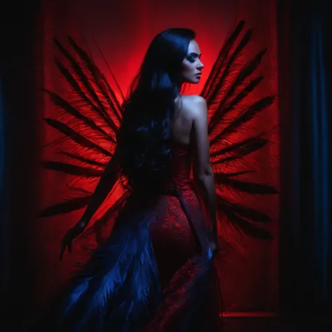 back of a beautiful woman with long black hair in a fashion photoshoot photographed from a low camera angle wearing a dress made from black feathers and lace, facing opposite side, dramatic portrait, dangerous, red traced neon background with blue laser li...