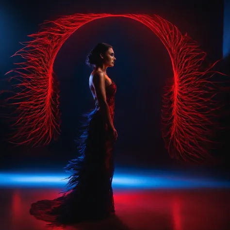 back of a beautiful woman with long black hair in a fashion photoshoot photographed from a low camera angle wearing a dress made from black feathers and lace, facing opposite side, dramatic portrait, dangerous, red traced neon background with blue laser li...