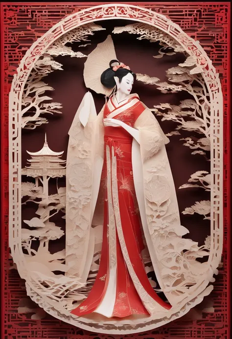 masterpiece, A Chiense woman in a hanfu, beautiful render of a fairytale, in the style of paper art, painting of beautiful, beautiful as the moon, very intricate masterpiece, painted metal, beautiful intricate masterpiece, multiple layers, Mysterious, Anci...