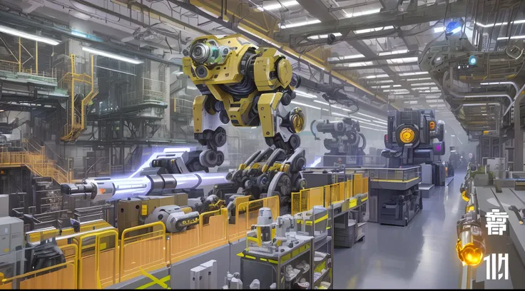 There are three robotic arms on the scientific mechanical workbench (background is or spark flying mechanical technology factory 1.5) (spark 1.8) masterpiece: 1.3) (futuristic technology 1.5) (science fiction 1.3) with unparalleled masterpiece, surreal 8K,...