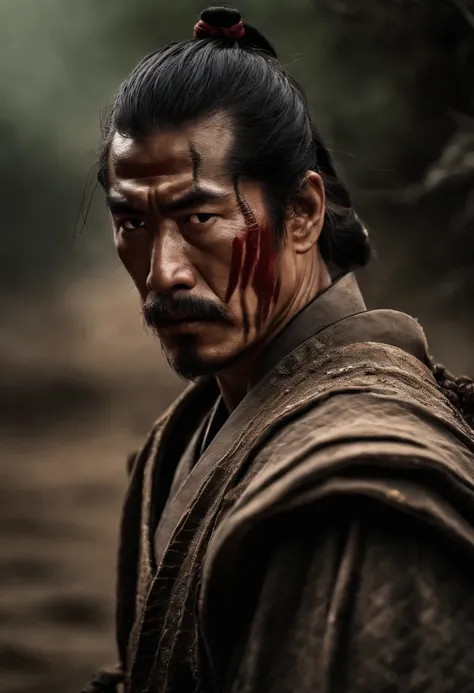 Samurai looks at the enemy, stands after the battle, fear and horror on his face, tired and beaten, sand on his face mixed with sweat, an atmosphere of darkness and horror, hyper realistic photo, In post - production, enhance the details, sharpness, and co...