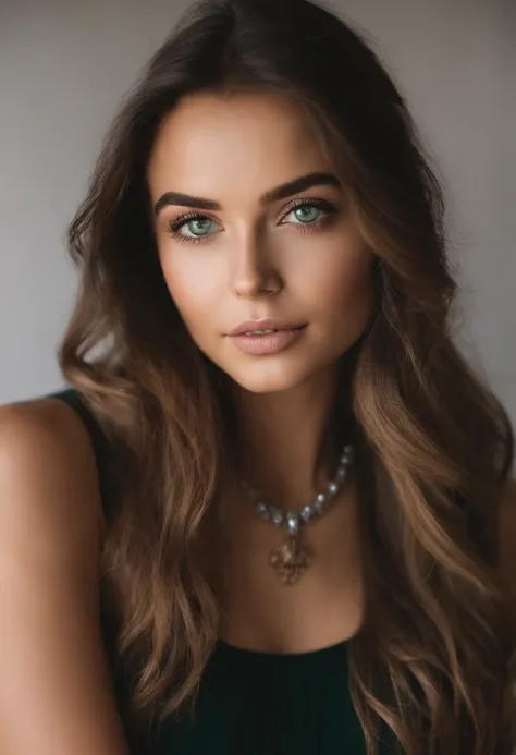 Arafed woman with a white tank top and necklace, fille sexy aux yeux verts, Portrait Sophie Mudd, cheveux bruns et grands yeux, selfie of a young woman, Yeux de chambre, Violet Myers, sans maquillage, maquillage naturel, looking straight at camera, Visage ...