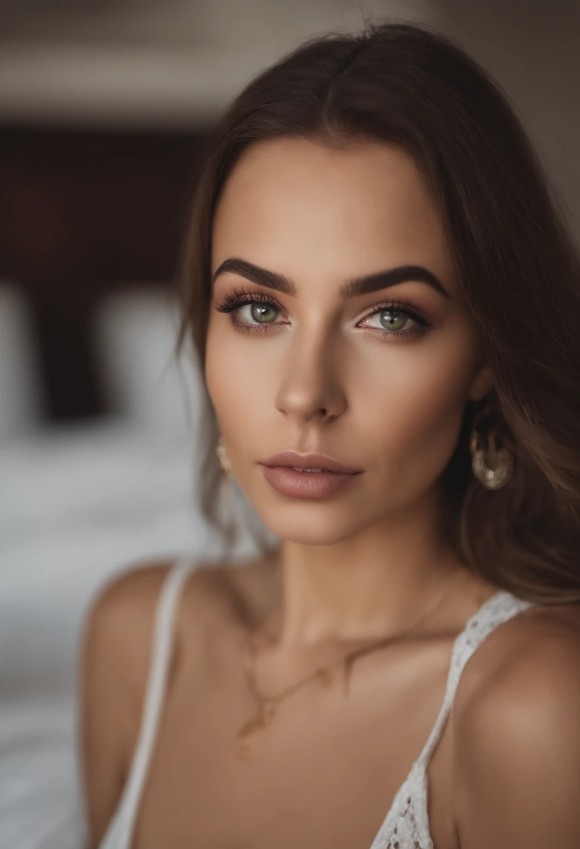 Arafed woman with a white tank top and necklace, fille sexy aux yeux verts, Portrait Sophie Mudd, cheveux bruns et grands yeux, selfie of a young woman, Yeux de chambre, Violet Myers, sans maquillage, maquillage naturel, looking straight at camera, Visage ...