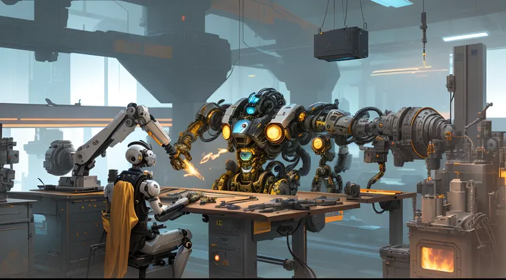 There are three robotic arms on the scientific machinery workbench (background is mechanical technology factory 1.5) (spark 1.8) masterpiece: 1.3) (futuristic technology 1.5) (sci-fi 1.3) with unparalleled masterpiece, surreal 8K, perfect artwork, super de...