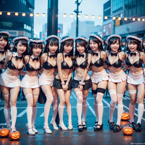 (((SFW, 11 Tiny Girls in a row:1.2, Shibuya Hachiko-mae scramble crossing on Halloween:1.2))), (masterpiece:1.2, best quality, photorealistic:1.37), {(Standing Full Body:1.2)|(from below:1.2)}, short silver hair, {School Uniform|naked bandage|tutu}, (Detai...