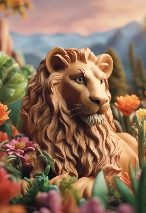 a stunning photo of a couple lion surrounded by plants in a flower meadow, 8k resolution concept art( intricate details:1.2), sunlight, (high quality:1.2), trending on artstation, 8k, absurdres, extremely detailed fur, (close up:1.1)