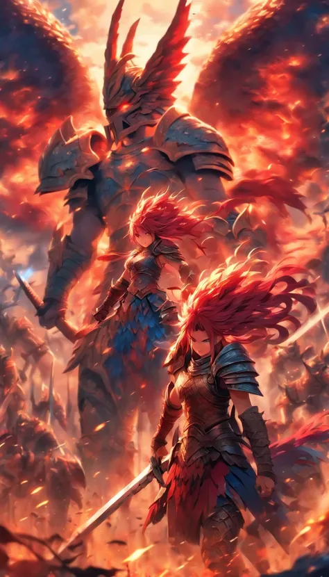 1 girls in armor with long sword, gladiator  Blue and red hair fight against devils with, Dragon-like wings hinder clouds and forest, UHD, masterpiece, anatomically correct, high details, super detail, textured skin, best quality, 8k