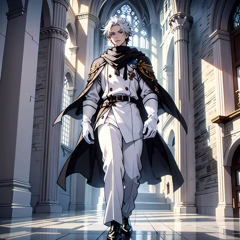 ((Anime art, man with a good physique, mature man)) ((Best quality, masterpiece, best resolution, breathtaking scenery, 4k quality, clear full HD image, high clarity)), ((a character, standing, alone in the scene, facing the viewer)), (knights outfit, whit...