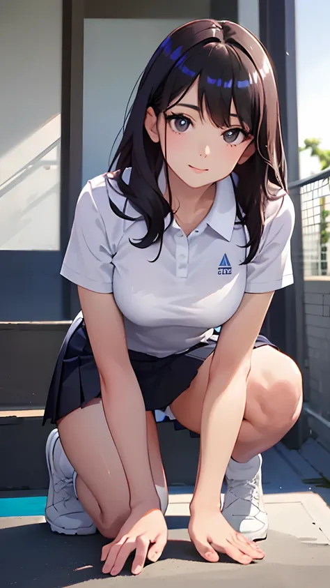 1girl in, Tennis Wear、White polo shirt, White pleated mini skirt, white panty、White Socks、White sneakers、masterpaintings, best qualtiy, Photorealsitic, ultra-detailliert, (shiny skins, perspired:1.4), looking at the spectator, With long black hair, black e...