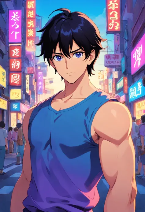 japanese male,A tall, Black hair with blonde highlights, Wearing a purple shirt, Intense muscles, Blue eyes, Neon Street