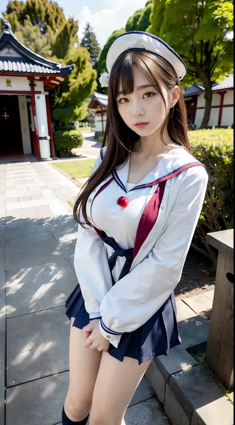 mix4, (16 K, Raw photography, Top image quality, ​masterpiece: 1.45), (realisitic, Photorealsitic: 1.37), one girls, 7．5, etc、Random hairstyle、Standing figure，Noon time slot、a very cute, Precincts of the shrine,, profetional lighting, photon maping, a park...