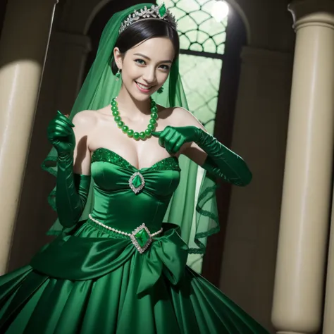 emerald tiara, Green Pearl Necklace, Boyish very short black hair, lipsticks, Japan woman smiling, very short short hair, big breasts beautiful, Green eyes, Long green gloves made of satin material, Green eyes