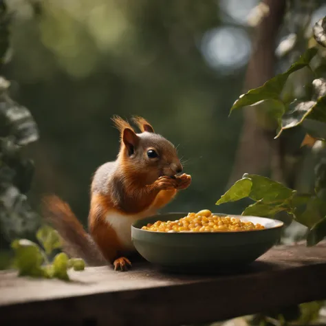 an animated squrrel is sitting on top of his food, charming character illustrations, photorealistic still lifes, highly detailed foliage, zbrush, color gradients, stock photo, in the style of mike campau —ar 9:16 —q 5