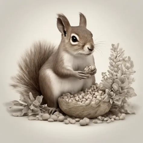 an animated squrrel is sitting on top of his food, charming character illustrations, photorealistic still lifes, highly detailed foliage, zbrush, color gradients, stock photo, in the style of mike campau —ar 9:16 —q 5