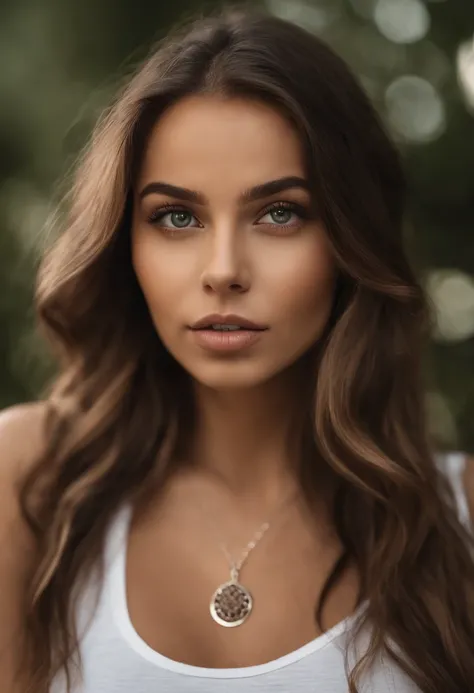 Arafed woman with a white tank top and necklace, fille sexy aux yeux verts, Portrait Sophie Mudd, cheveux bruns et grands yeux, selfie of a young woman, Yeux de chambre, Violet Myers, sans maquillage, maquillage naturel, looking straight at camera, Visage ...