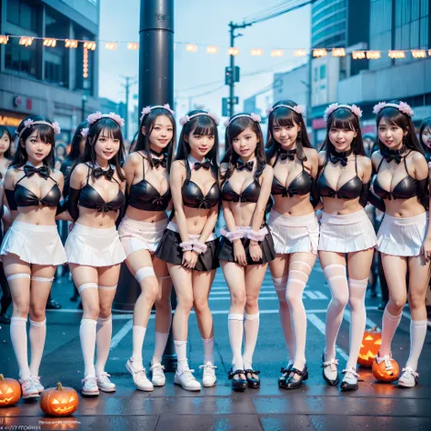 (((SFW, 11 Tiny Girls in a row:1.2, Shibuya Hachiko-mae scramble crossing on Halloween:1.2))), (masterpiece:1.2, best quality, photorealistic:1.37), {(Standing Full Body:1.2)|(from below:1.2)}, short silver hair, {School Uniform|naked bandage|tutu}, (Detai...