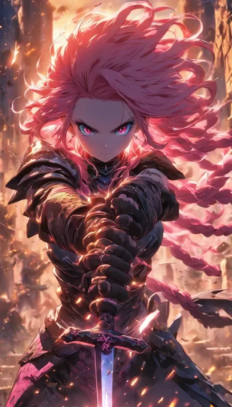 1 Girl Slim Small Long Pink Hair, Black and yellow armor wears a two-handed sword, Fight monsters in a ruin, UHD, masterpiece, anatomically correct, high quality, high details, highres, best quality, 8k