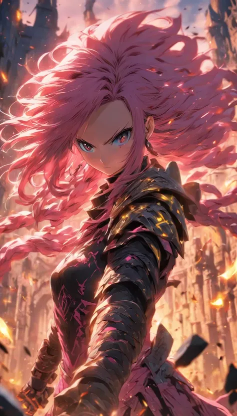 1 Girl Slim Small Long Pink Hair, Black and yellow armor wears a two-handed sword, Fight monsters in a ruin, UHD, masterpiece, anatomically correct, high quality, high details, highres, best quality, 8k