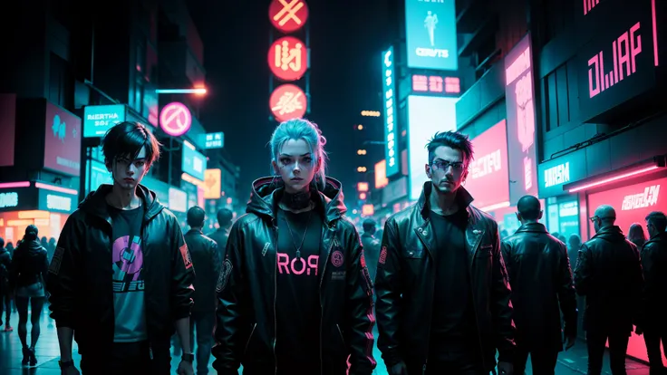 group of people, Cyberpunk, Neon light