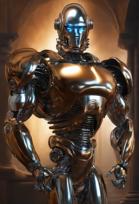 Create an art of a chrome bodybuilding robot inspired by the arts of Boris Vallejo