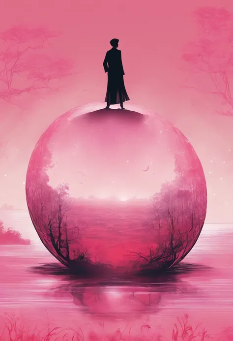 Make a cover for my book, with a small pink crystal ball, and on the back there is a silhouette of a person that you can only see the shadow of and their red eyes.