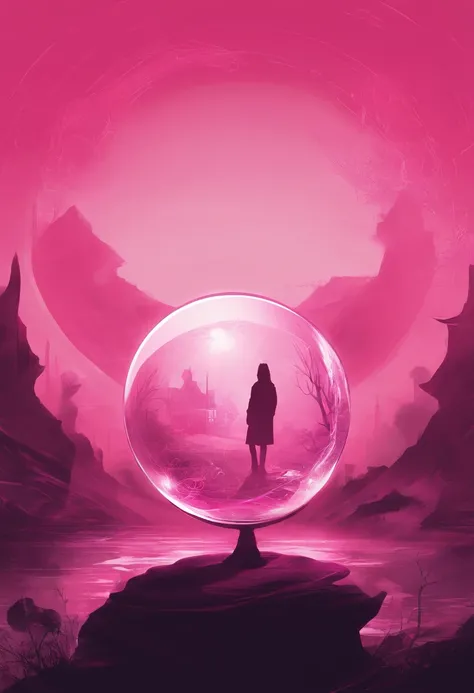 Make a cover for my book, with a small pink crystal ball, and on the back there is a silhouette of a person that you can only see the shadow of and their red eyes.