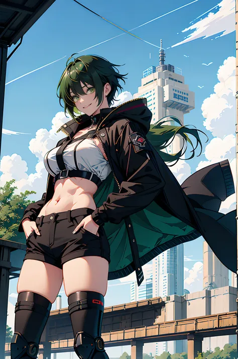 Pure sky，mechanical leg，Black mechanical legs，Plump legs，Green gem setting，Anime girl standing gracefully on the ground，Black cape and green hair, rogue anime girl, Anime girl standing, Wearing a cloak on the blasted plain, asuka suit under clothes!, Cybor...