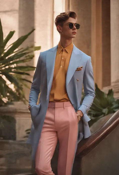 um homem, in a dynamic pose wearing an expensive and elegant outfit, projetado por Gucci::3, Tumblr, inspirado no estilo Yanjun Cheng, arte digital, internet boy lofi meme, Trend in Dezeen, catalog photo, 3 d render bipe, Rhats e Lois van Baarle, Cartoon s...