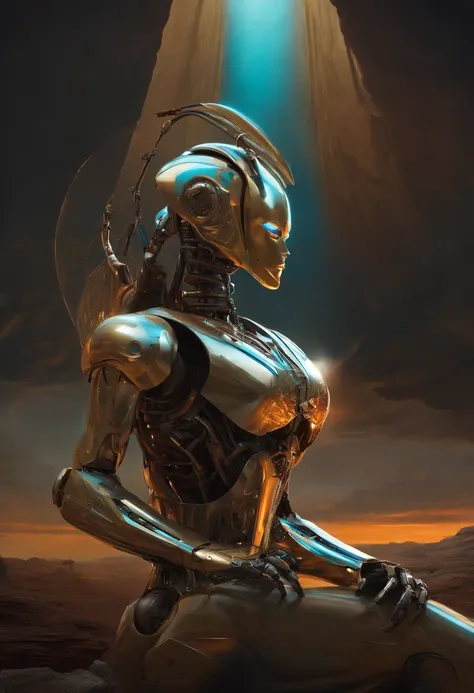 Create an art of a futuristic robot, fisiculturista cromado, inspirado nas artes de Boris Vallejo