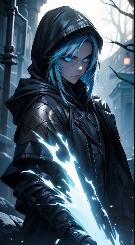 (masterpiece), best quality, expressive eyes, perfect face, a hooded witcher in the florest,moon backlight, 1man, ((close up front view)), blue hair, night BREAK badass, cinematic, night, epic, fantasy,dirty, trees, fog, hood, belt,leather clothing, black ...